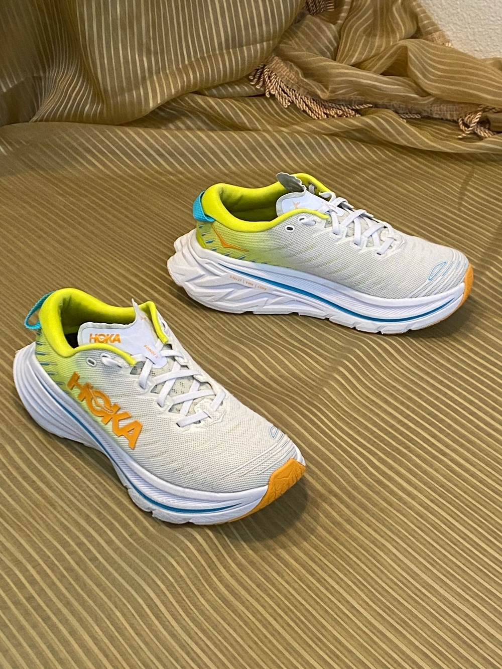 HOKA ONE women sneakers in White, Gold and Blue, size 8.5, breathable fabric